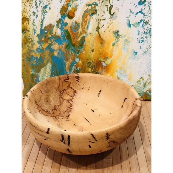 Hand Turned Spalted Maple Wood Decorative Bowl 9" Round Signed Unique - Picture 1 of 16